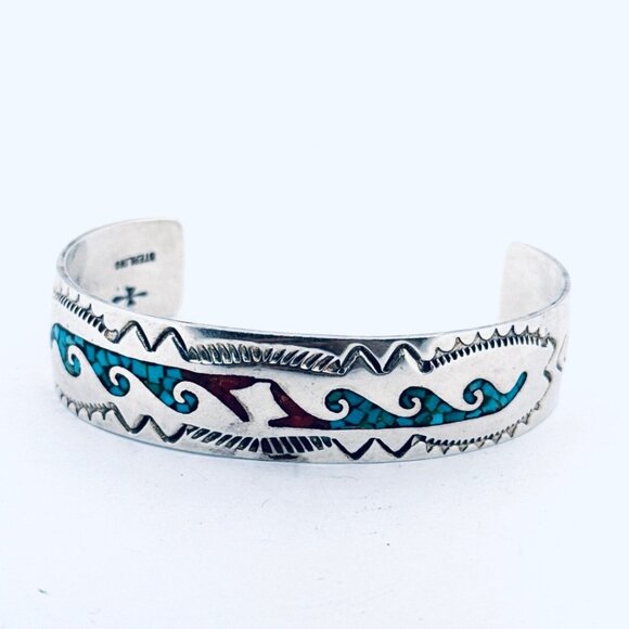 Vintage Sterling Silver Turquoise Coral Inlay Cuff Bracelet Southwestern Design - Picture 1 of 11